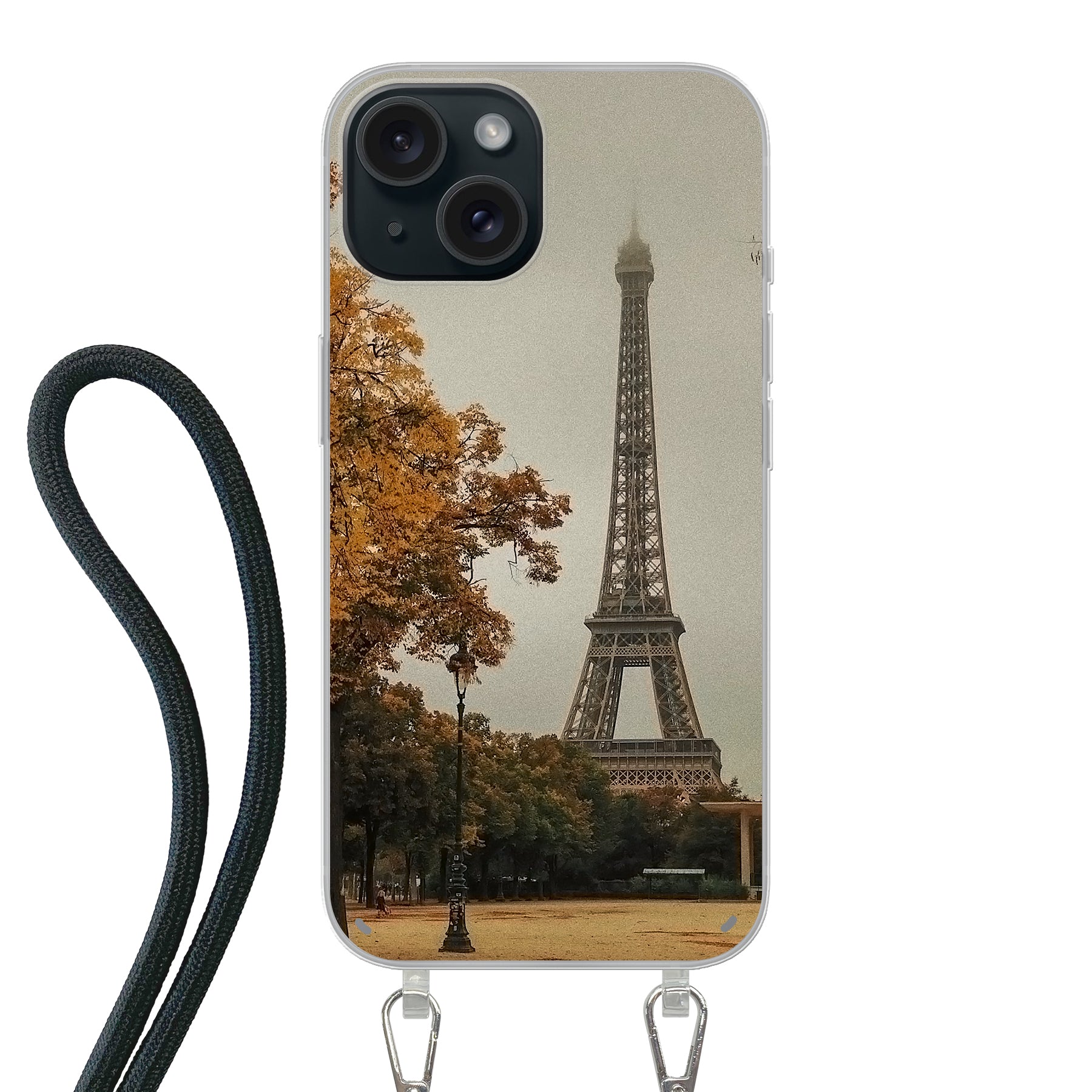 Apple iPhone 15 Crossbody hoesje (achterkant bedrukt, transparant)